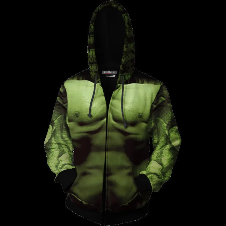 Hoodie Hulk - Met rits en print van gespierde borst