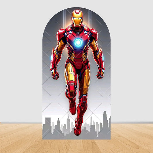 Avengers Iron Man-feestachtergrond met boog - Vluchtend silhouet boven de stad