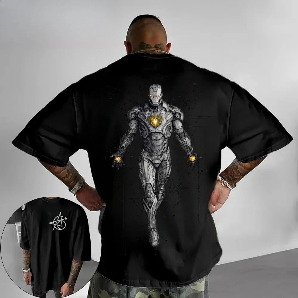 Avengers Iron Man-T-shirt – wit oversized shirt met cyberpunk-technische lijntekening