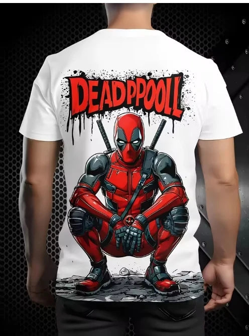 Deadpool 3D-herenT-shirt - Hurkend met katana's op witte achtergrond