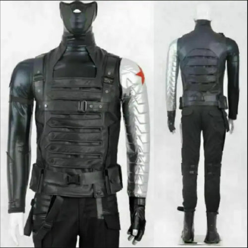 Winter Soldier-kostuum - zwart pak met metalen arm en rode ster