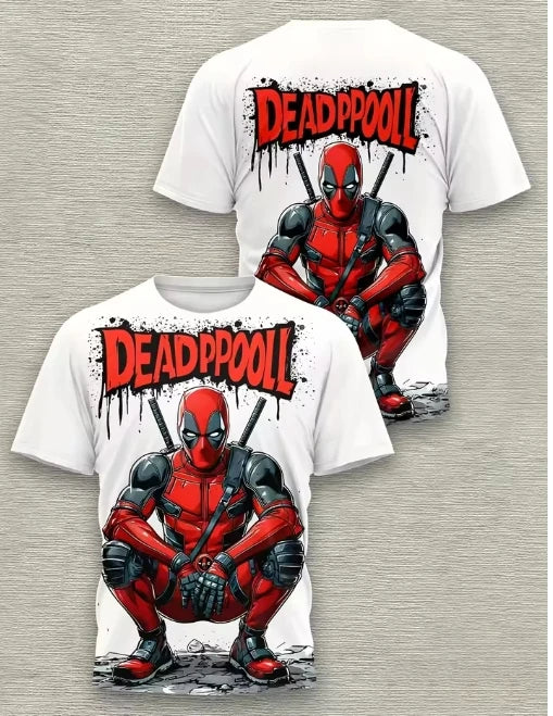 Deadpool 3D-herenT-shirt - Hurkend met katana's op witte achtergrond