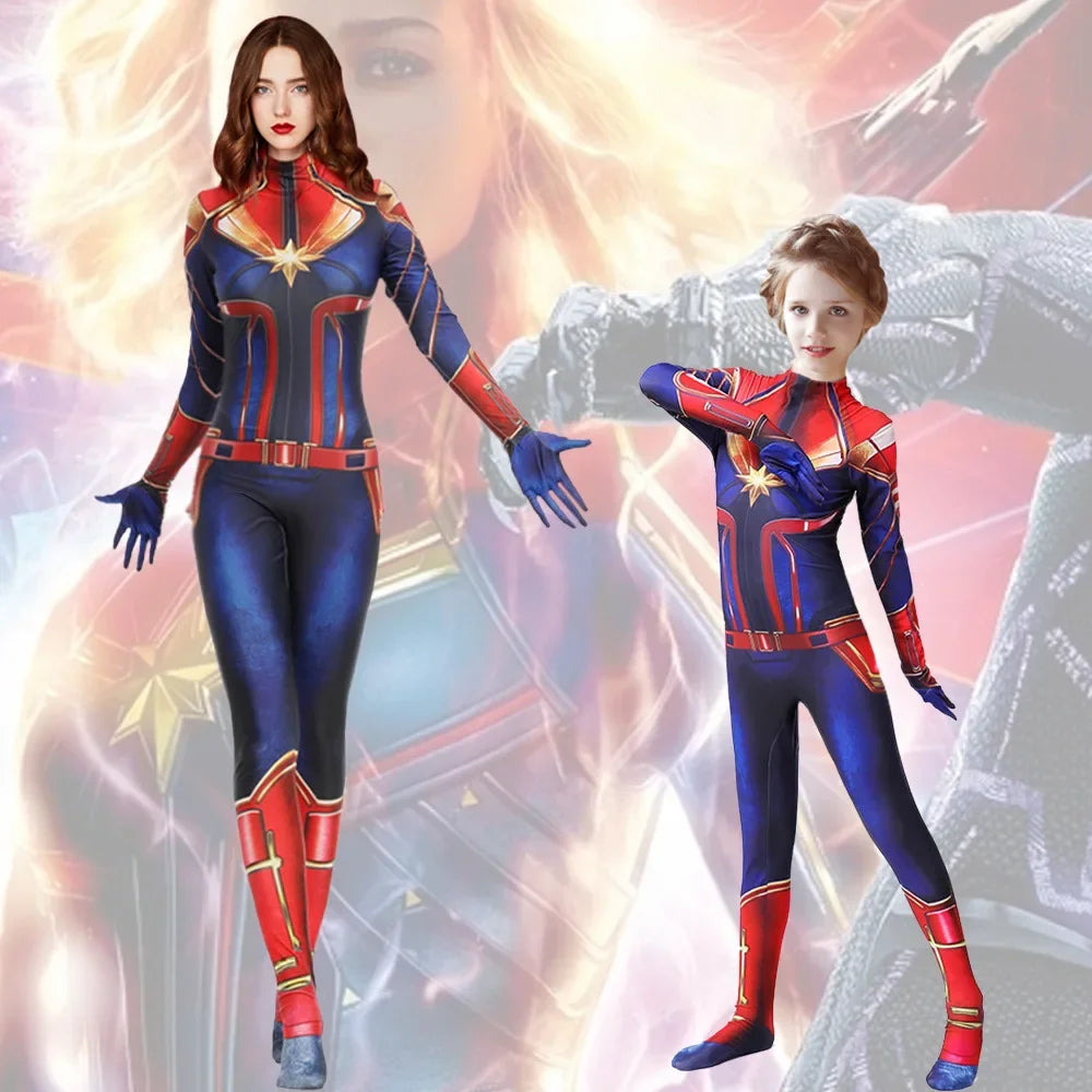 Captain Marvel-kostuum - Blauwe, rode en gouden jumpsuit