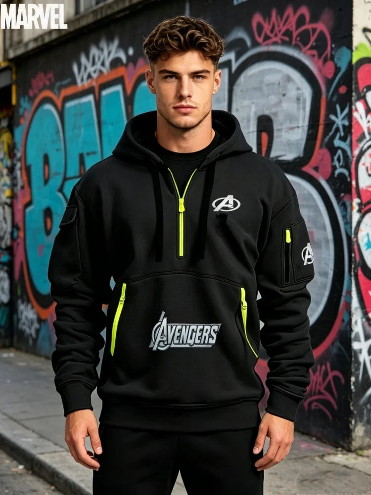 Avengers herenhoodie met halve rits – zwart-geel, met meerdere zakken