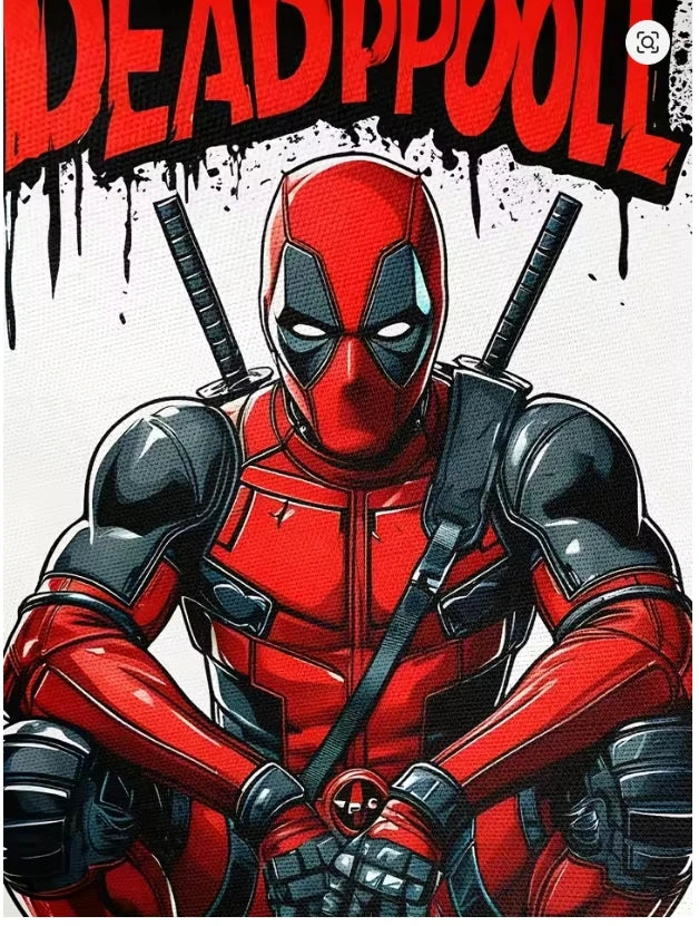 Deadpool 3D-herenT-shirt - Hurkend met katana's op witte achtergrond
