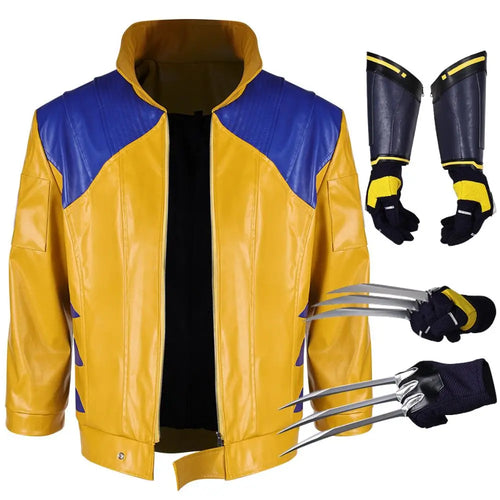 Wolverine-kostuum – geel-blauw leren jack met metalen klauwen