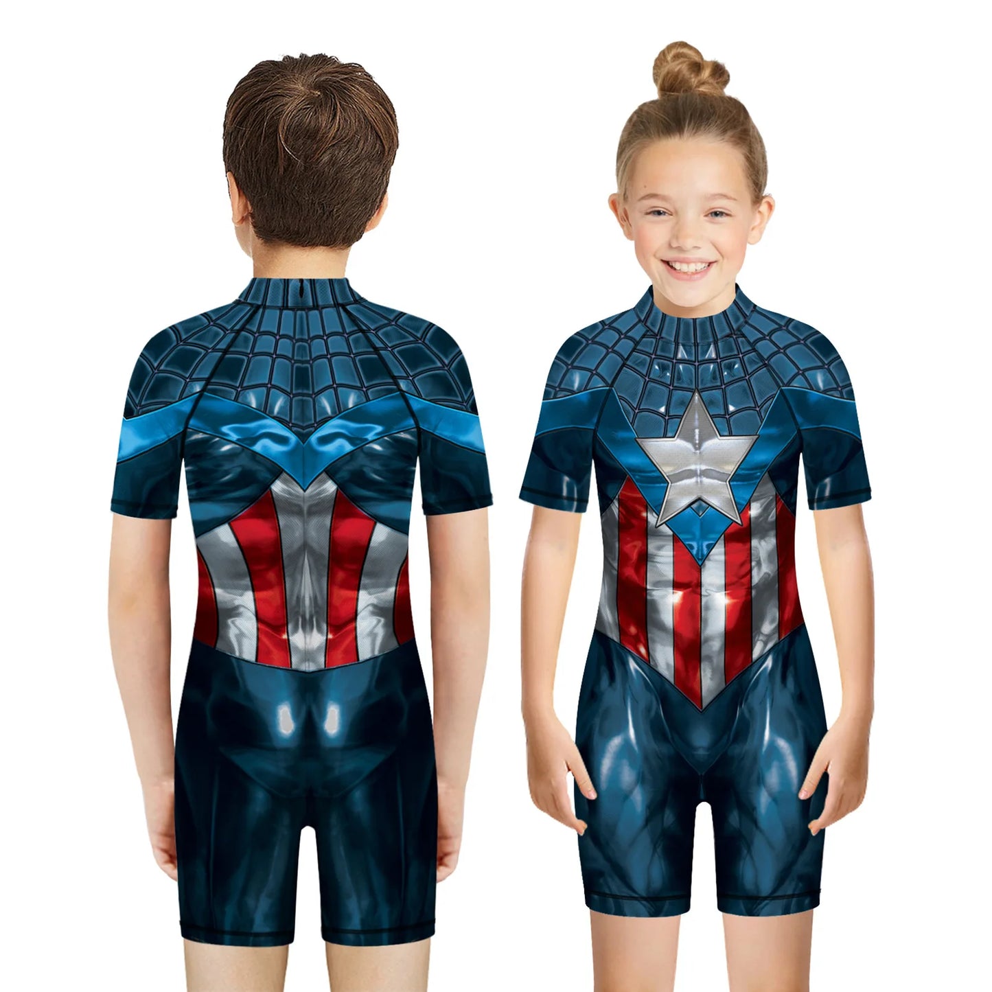 Captain America-badpak voor kinderen - 3D-zwempak met ster en korte mouwen