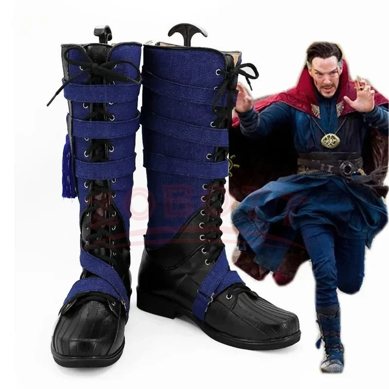 Fantastische cosplaylaarzen - Marineblauw en zwart leer met pompon (heren)