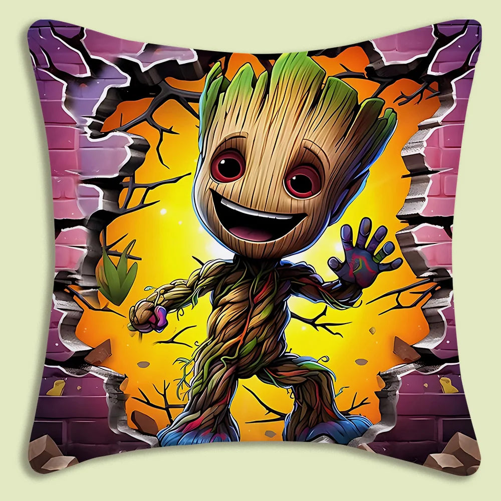 Baby Groot-kussenhoes - door roze-gele bakstenen muur heen