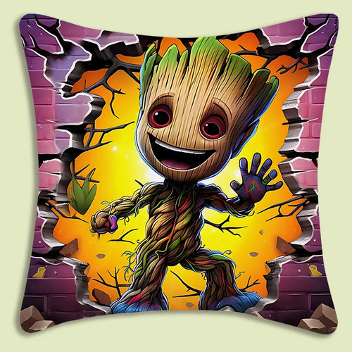 Baby Groot-kussenhoes - door roze-gele bakstenen muur heen