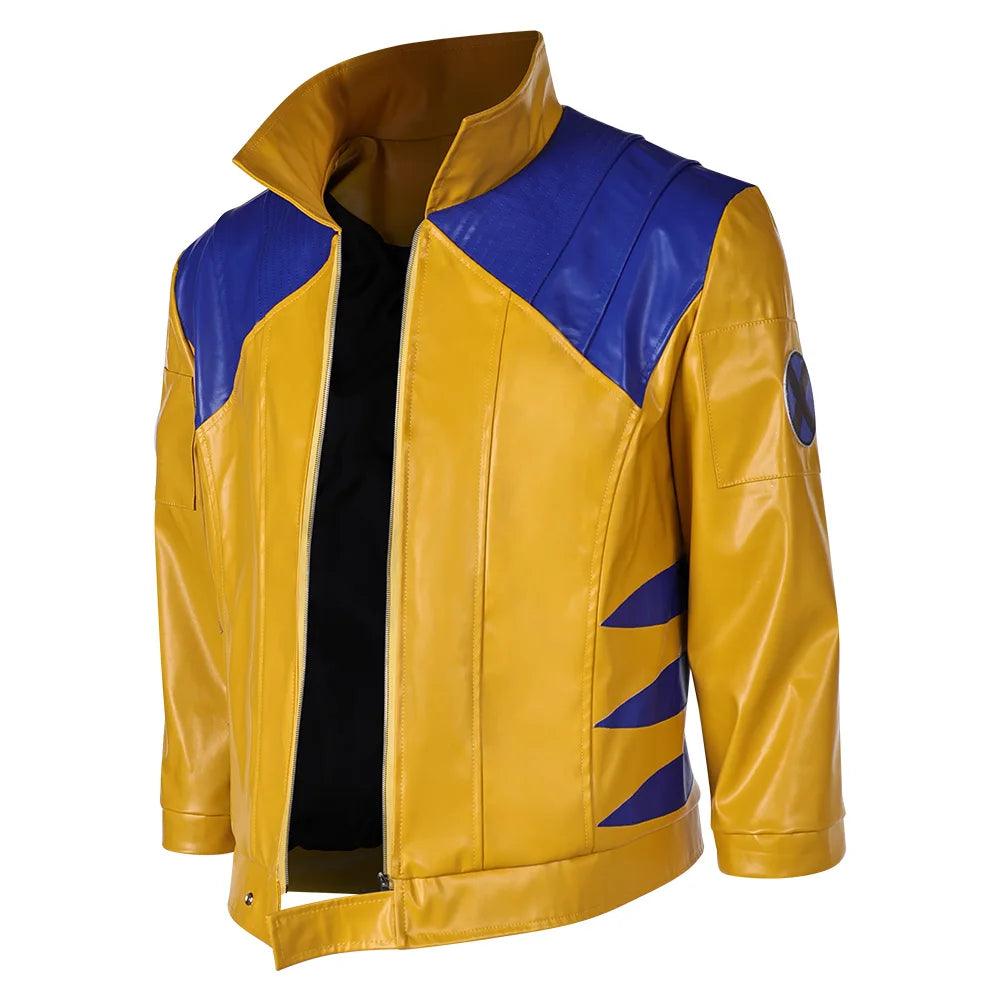 Wolverine-kostuum – geel-blauw leren jack met metalen klauwen