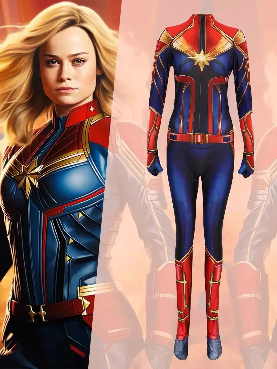 Captain Marvel-kostuum - Blauwe, rode en gouden jumpsuit