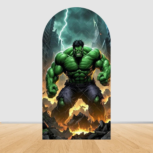 Avengers Hulk-feestachtergrond met boog - Brandend puin